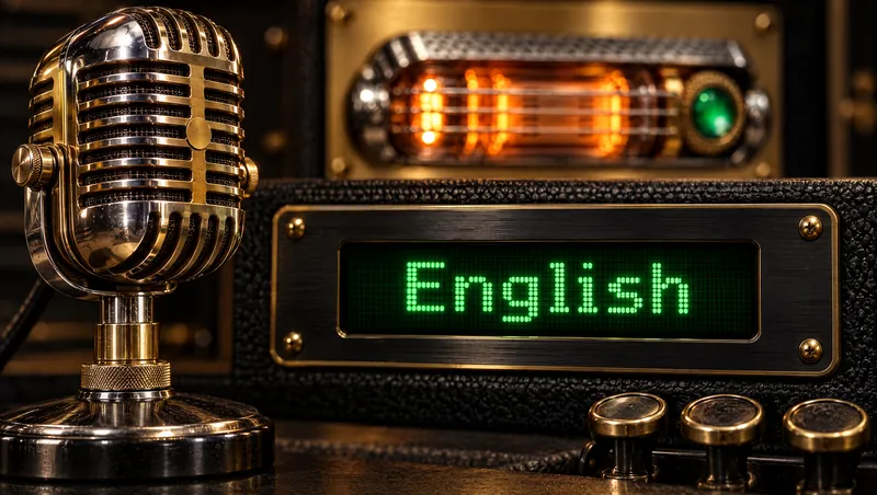 A vintage brass microphone next to a green dot-matrix display that reads 