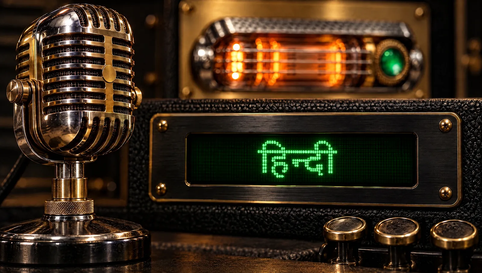 A vintage brass microphone next to a green dot-matrix display that reads 