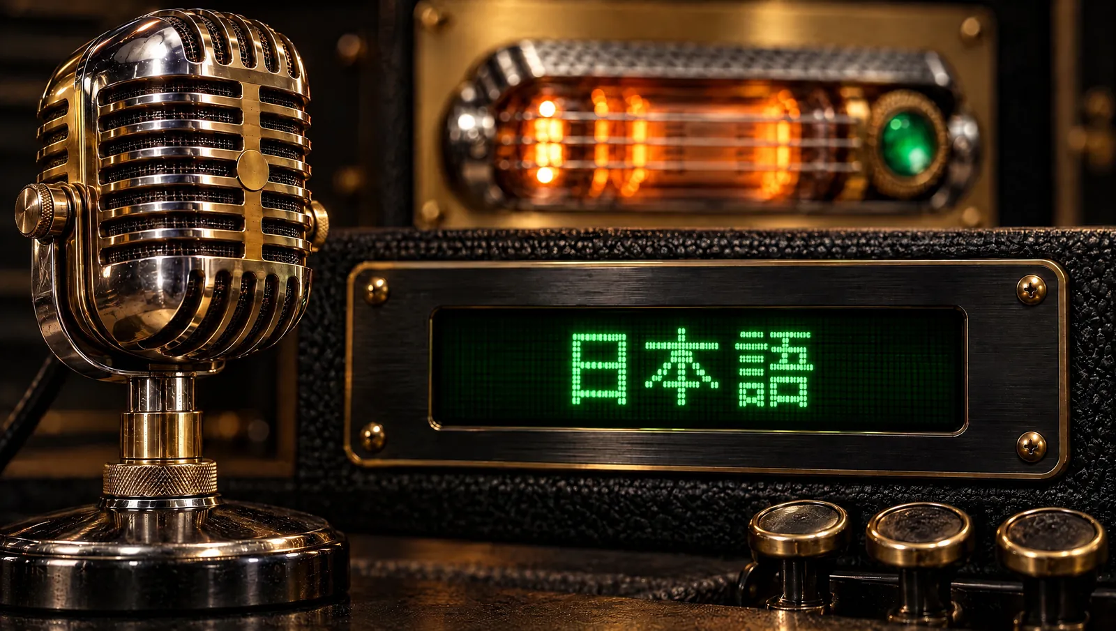 A vintage brass microphone next to a green dot-matrix display that reads 