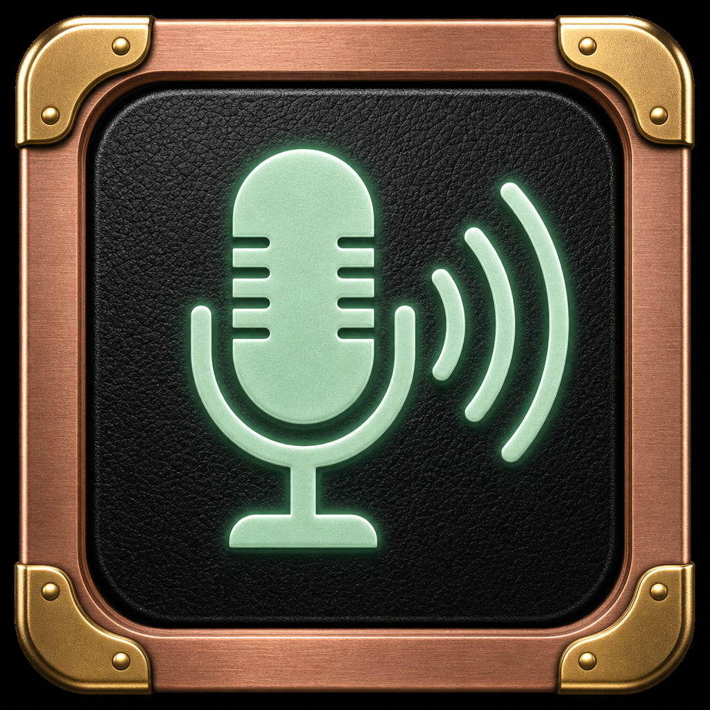 The VoiceKeyboard app icon: a green microphone on black leather in a copper frame with brass corners.