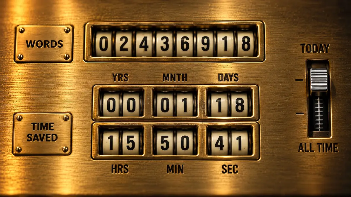 Mechanical tape counters on brass: words dictated and the typing time they saved.
