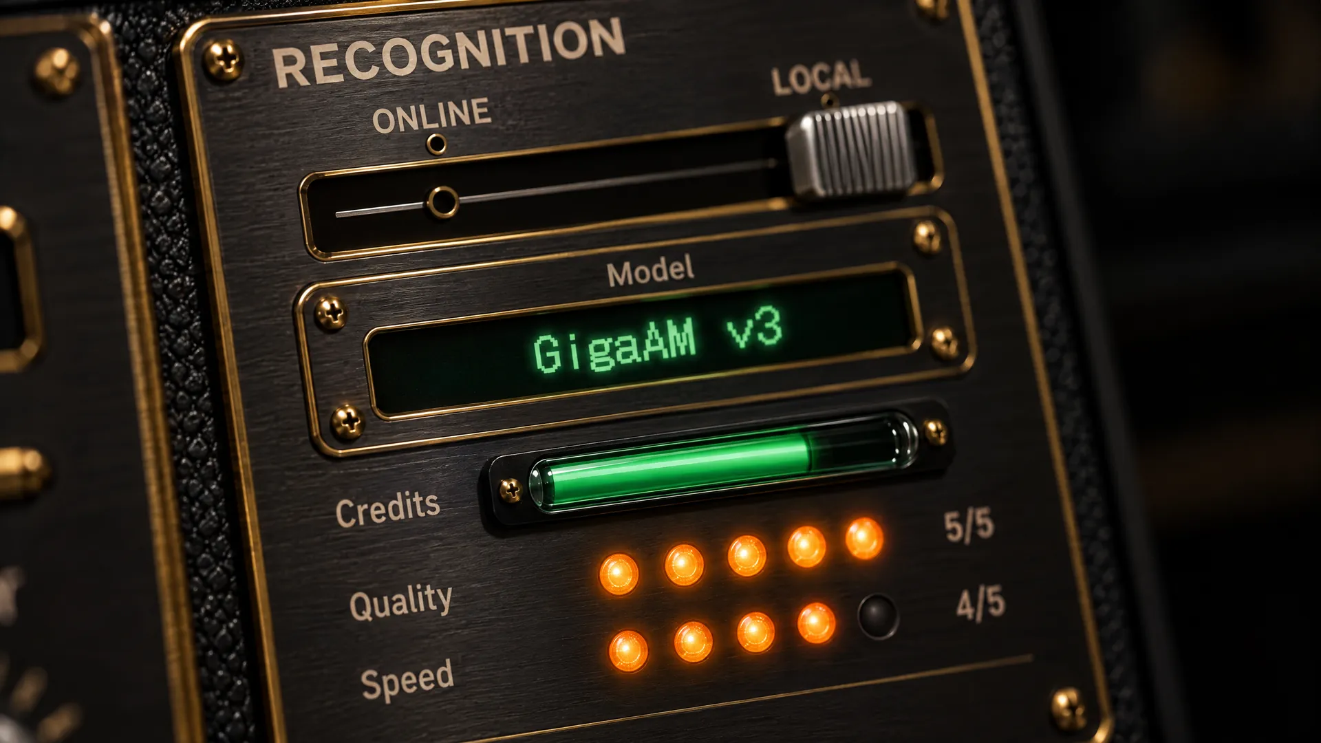 The RECOGNITION panel of VoiceKeyboard with the slider set to LOCAL. The green model screen reads GigaAM v3, and the RU language key is lit.