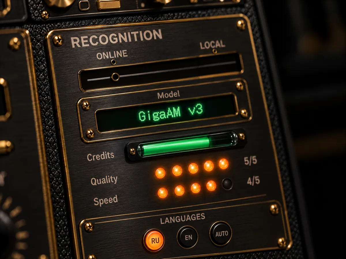 The RECOGNITION panel with the slide switch set to LOCAL and GigaAM v3 on the green model screen.