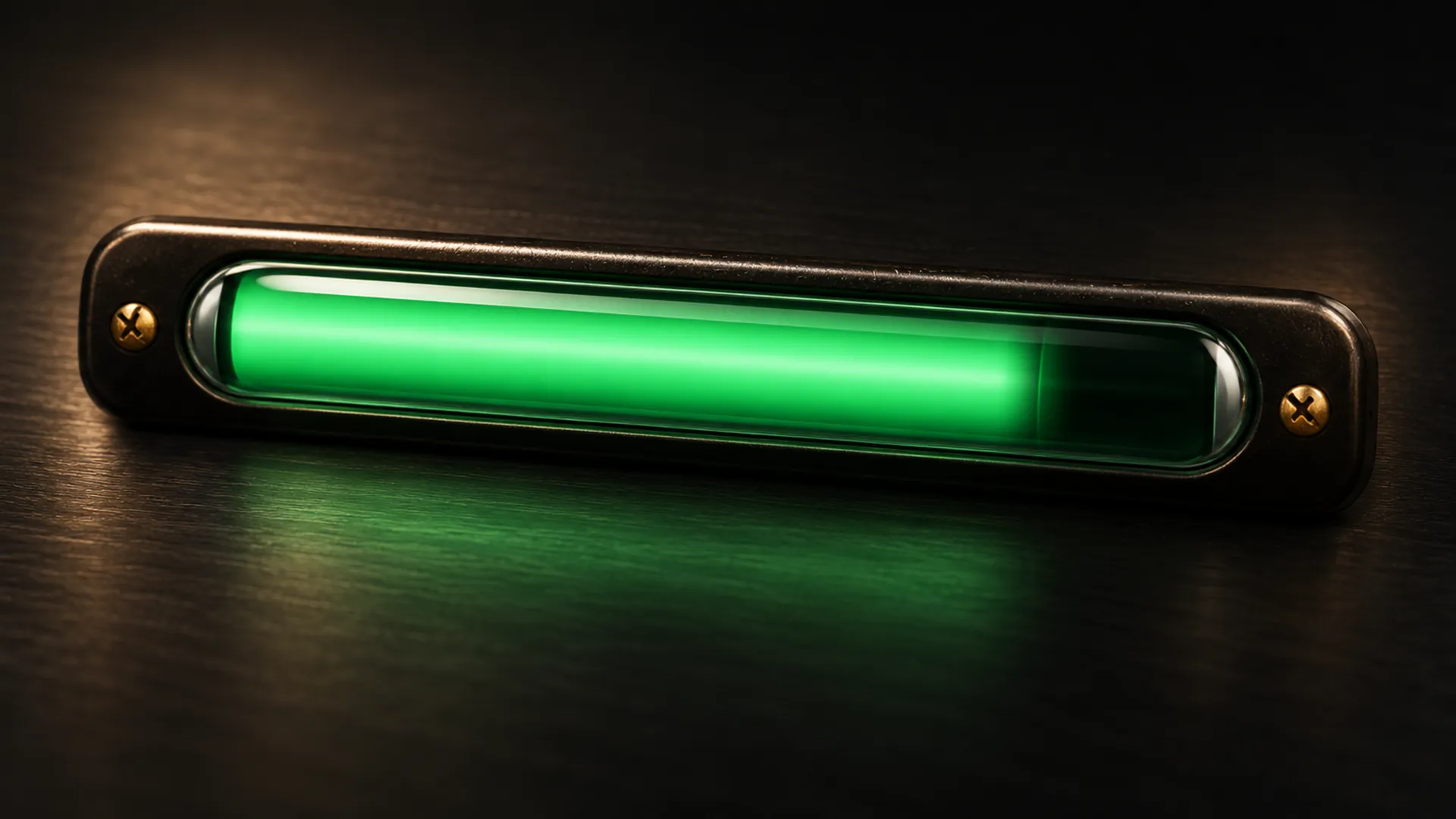 A long glass gauge glowing green in a black frame with two brass screws, on a dark panel of VoiceKeyboard.