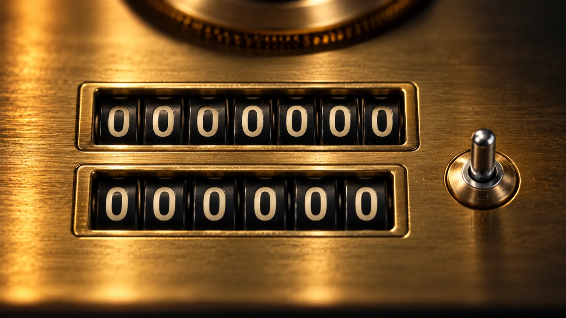 Two rows of black number wheels on a brushed brass plate, all at zero, next to a small steel toggle switch.