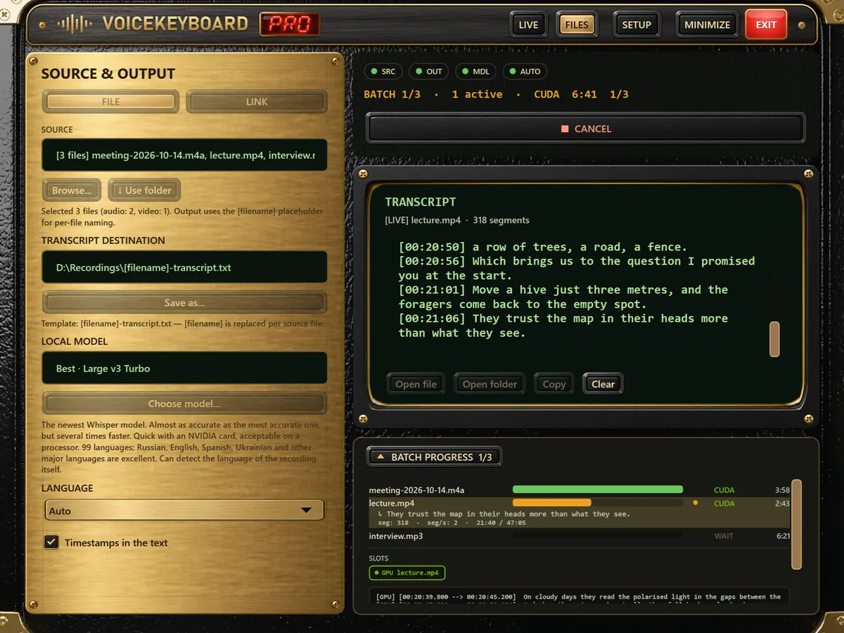The FILES screen transcribing three recordings in a batch with Whisper, the transcript growing line by line with timestamps.