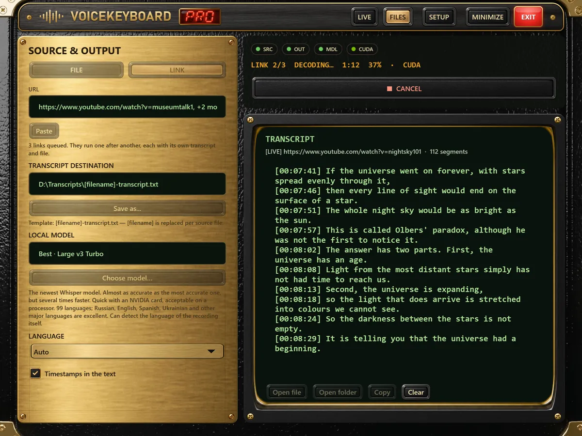 The FILES screen in LINK mode: the second of three queued video links is being transcribed, the text appearing with timestamps.