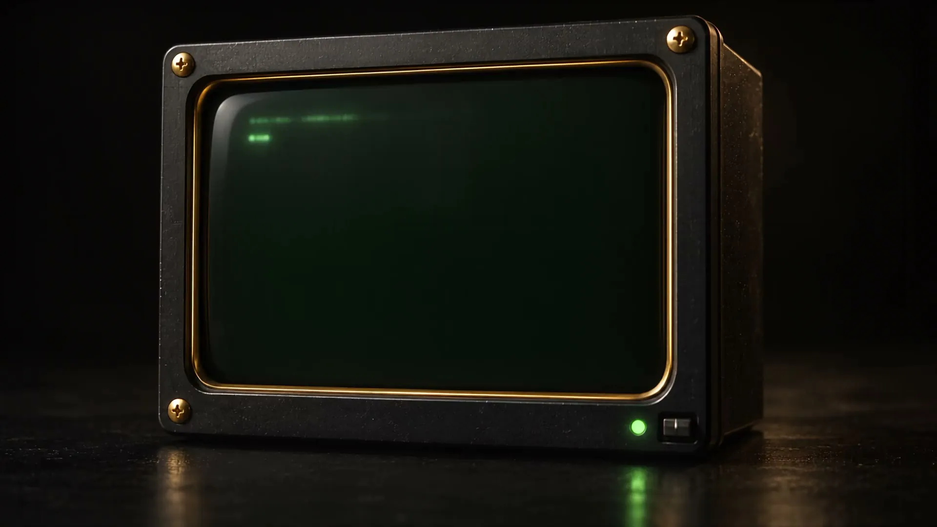 Un pequeño monitor negro con marco de latón sobre una mesa oscura; su pantalla verde todavía está casi vacía.