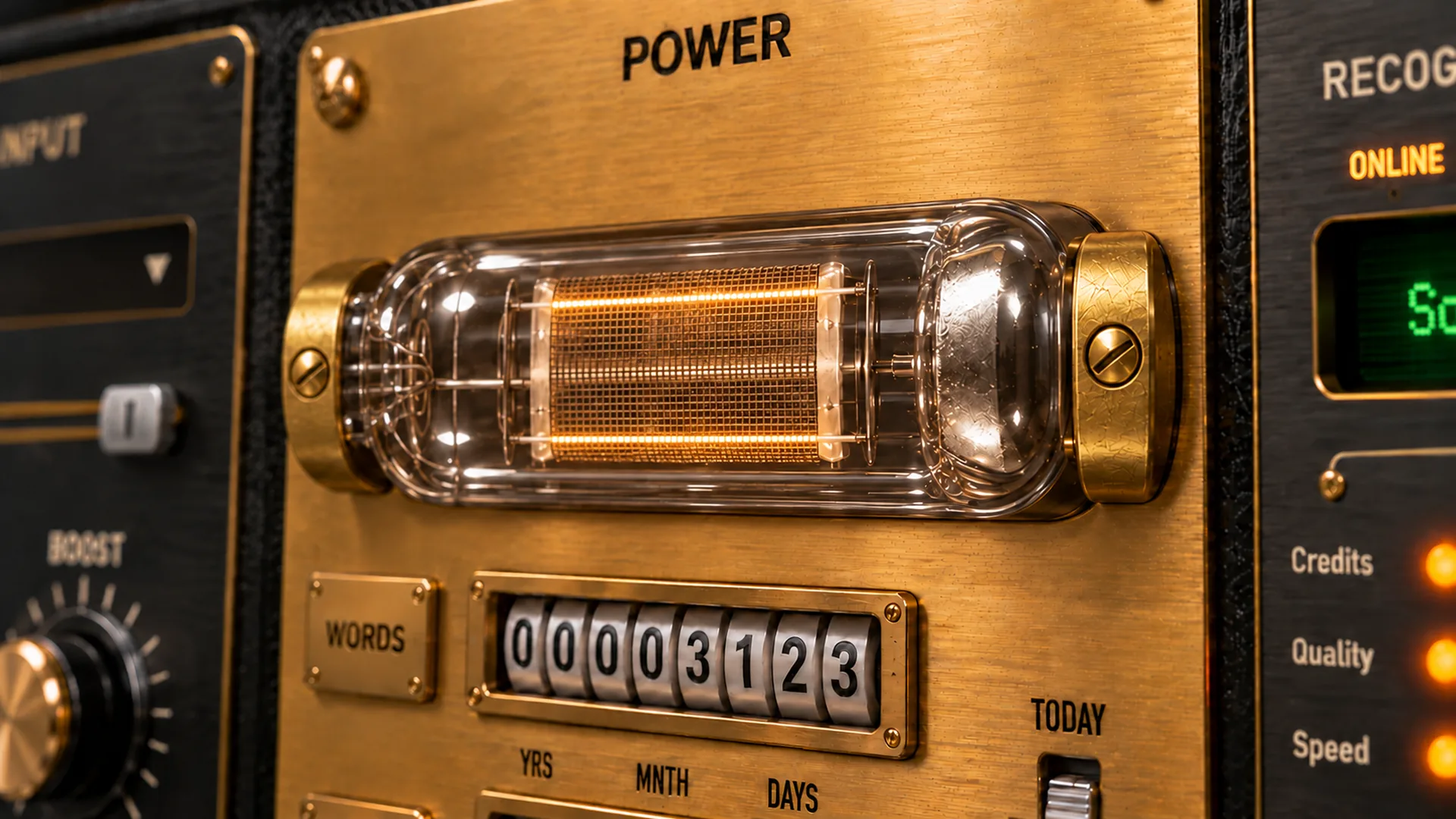 The brass POWER panel of VoiceKeyboard with a glass vacuum tube held in brass clamps, glowing orange above the WORDS counter.
