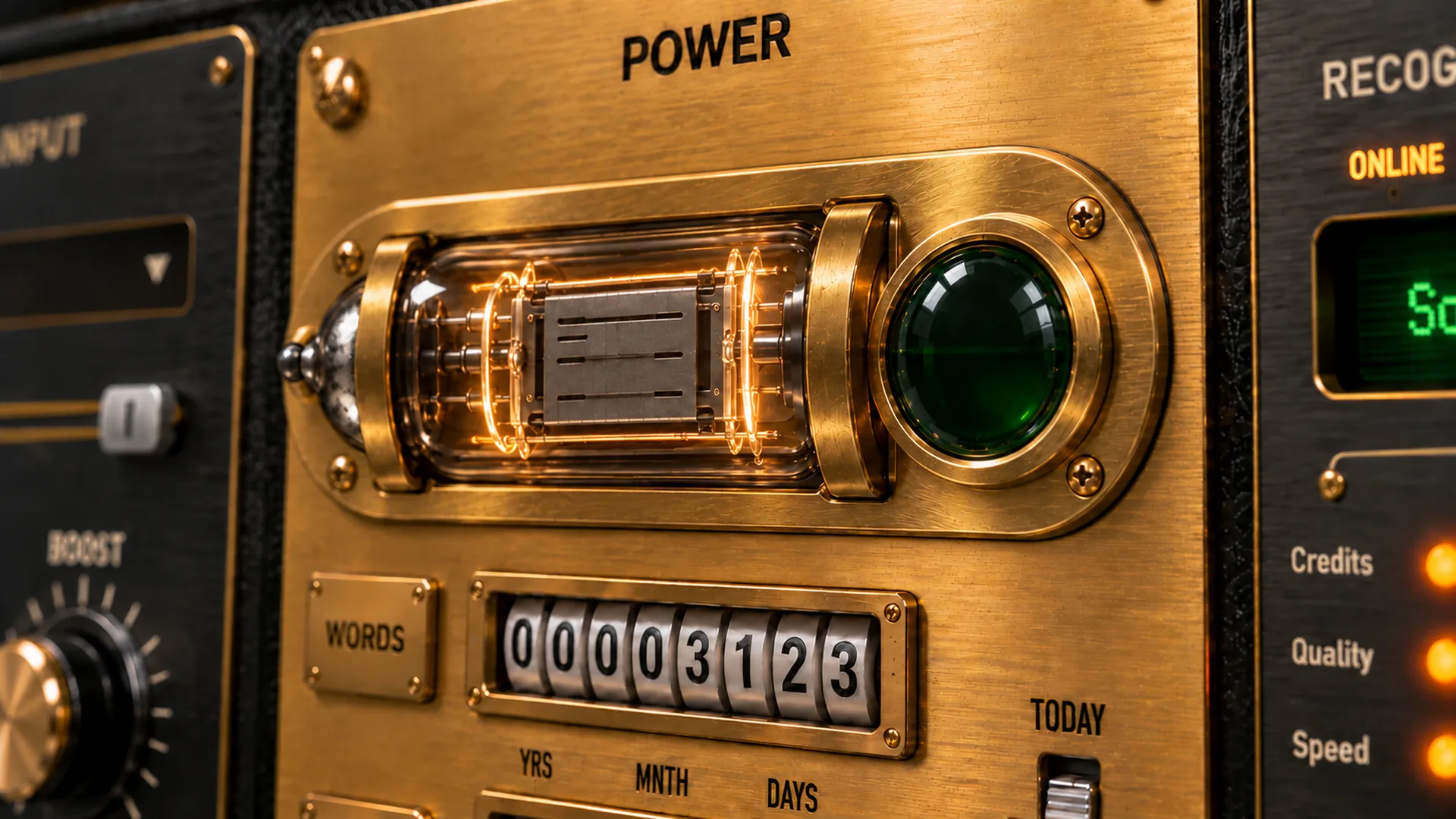VoiceKeyboard का पीतल का POWER पैनल: WORDS काउंटर के ऊपर वैक्यूम ट्यूब एम्बर रंग में चमक रही है, किनारे पर पहचान का पैनल ONLINE पर है।
