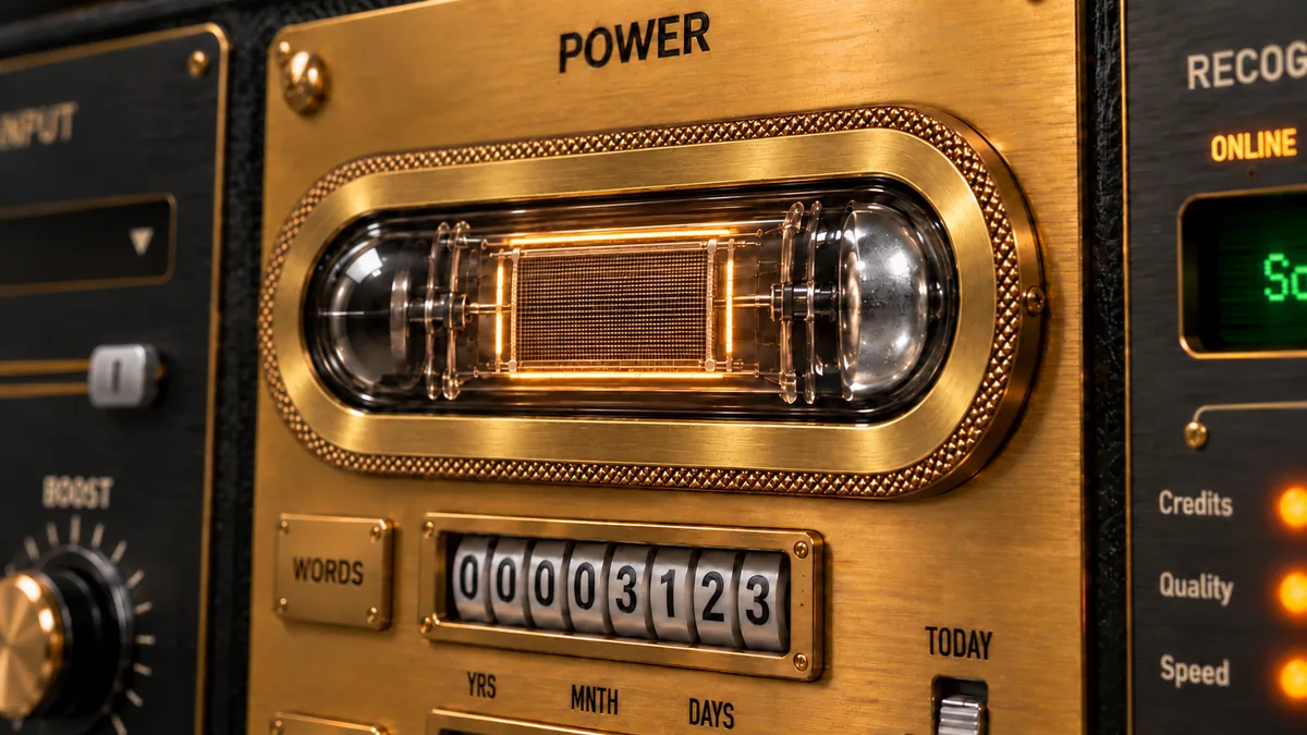 The POWER panel with the Porthole tube glowing amber above the WORDS counter.