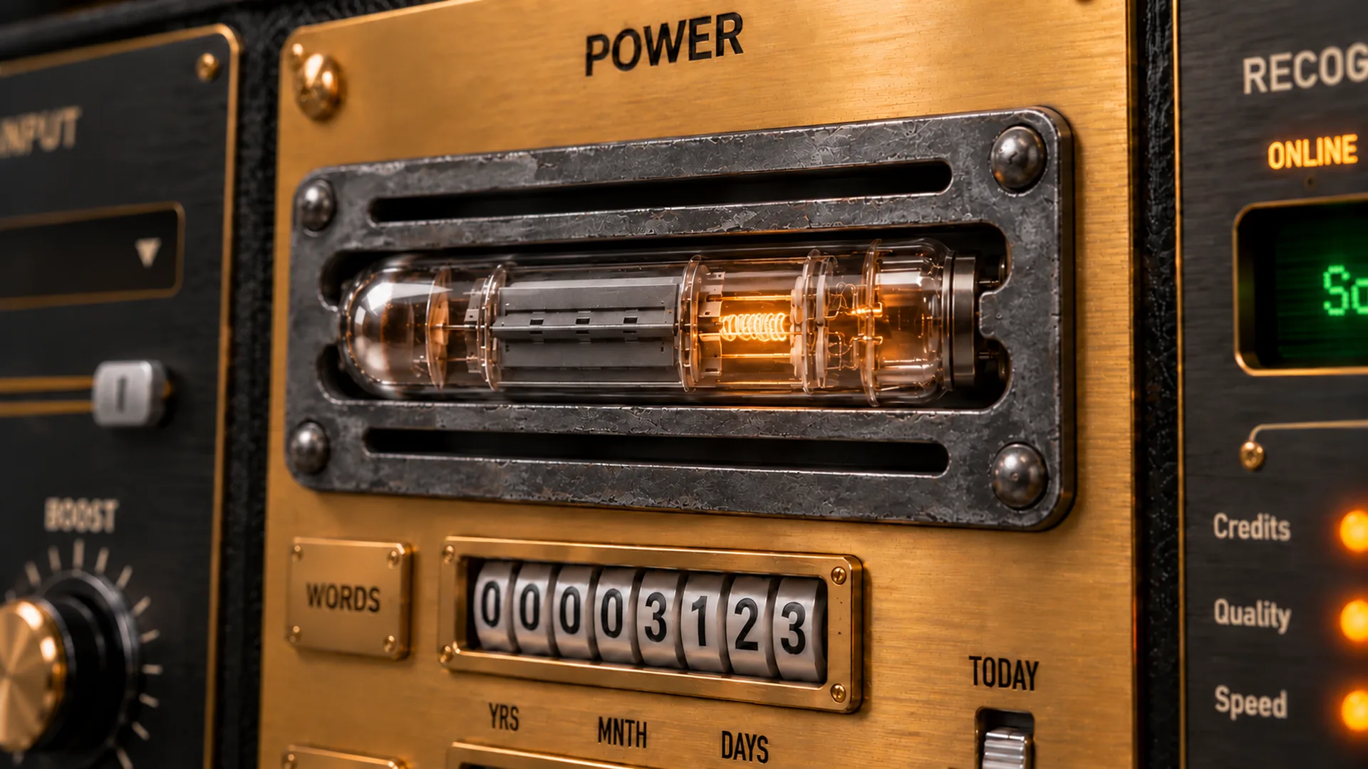 VoiceKeyboard का पीतल वाला POWER पैनल: WORDS काउंटर के ऊपर, छेद वाले स्टील कवर के पीछे वैक्यूम ट्यूब नारंगी रोशनी में चमक रही है।