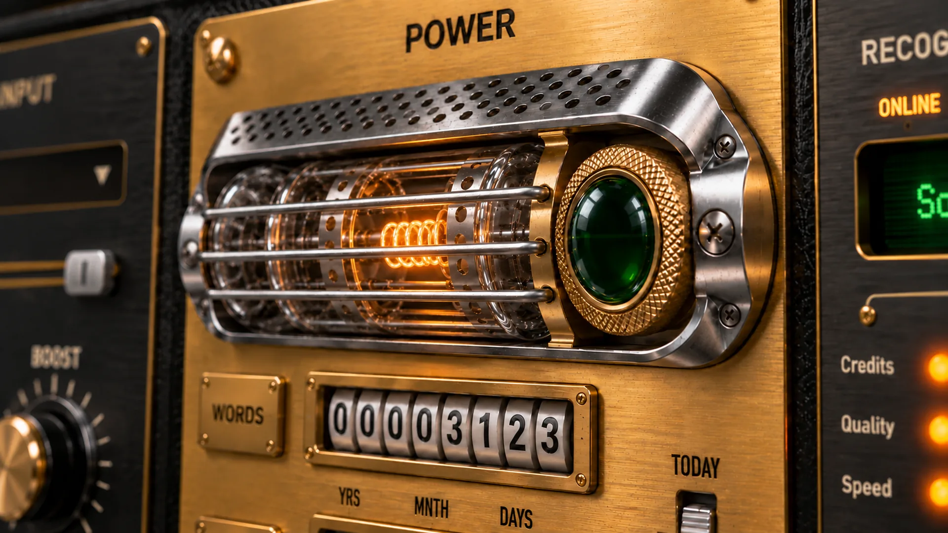 Латунная панель POWER программы VoiceKeyboard: лампа светится внутри перфорированного стального кожуха над счётчиком WORDS.
