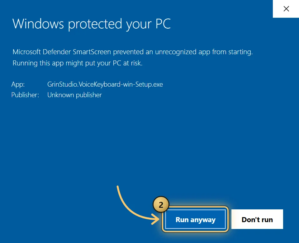 Illustration of the same window after More info: App GrinStudio.VoiceKeyboard-win-Setup.exe, Publisher Unknown publisher, and two buttons at the bottom, Run anyway circled in amber with the number 2, and Don't run.