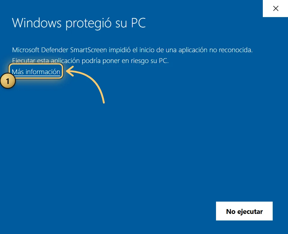 Ilustración de la ventana azul «Windows protegió su PC»: el mensaje de que Microsoft Defender SmartScreen impidió el inicio de una aplicación no reconocida, el enlace subrayado Más información rodeado en ámbar con el número 1 y un solo botón, No ejecutar, abajo a la derecha.