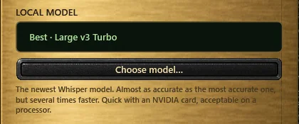 The LOCAL MODEL block of the FILES screen: the screen reading "Best · Large v3 Turbo", the "Choose model..." button and a short note about the model.