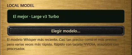 El bloque LOCAL MODEL de la pantalla FILES: la pantalla con «El mejor · Large v3 Turbo», el botón «Elegir modelo...» y una nota breve sobre el modelo.