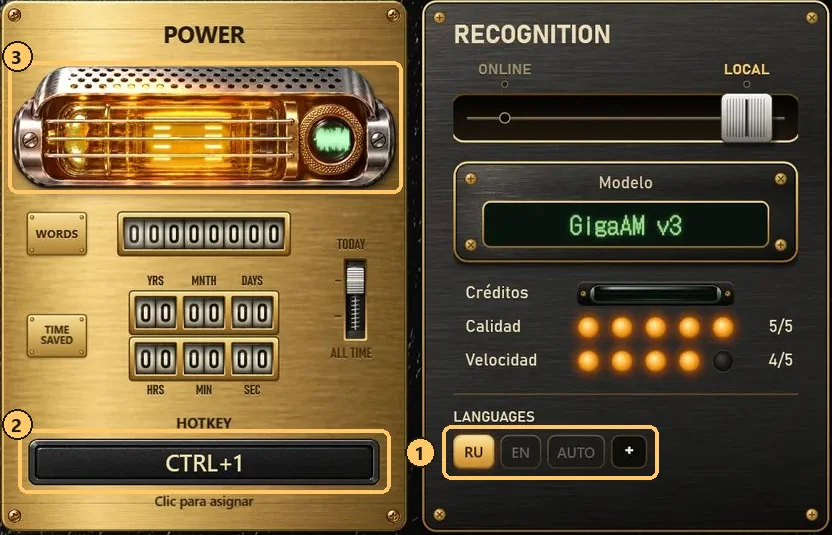 Los paneles POWER y RECOGNITION. Marcados: 1 la fila LANGUAGES con RU encendido, 2 la placa HOTKEY con CTRL+1, 3 la válvula POWER, que se enciende mientras graba.