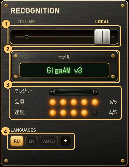 番号付きの四つの枠がある RECOGNITION パネル: 1 LOCAL 側に倒した ONLINE / LOCAL スイッチ、2 GigaAM v3 と表示されたモデル画面、3 クレジット・品質・速度の行、4 LANGUAGES の列。